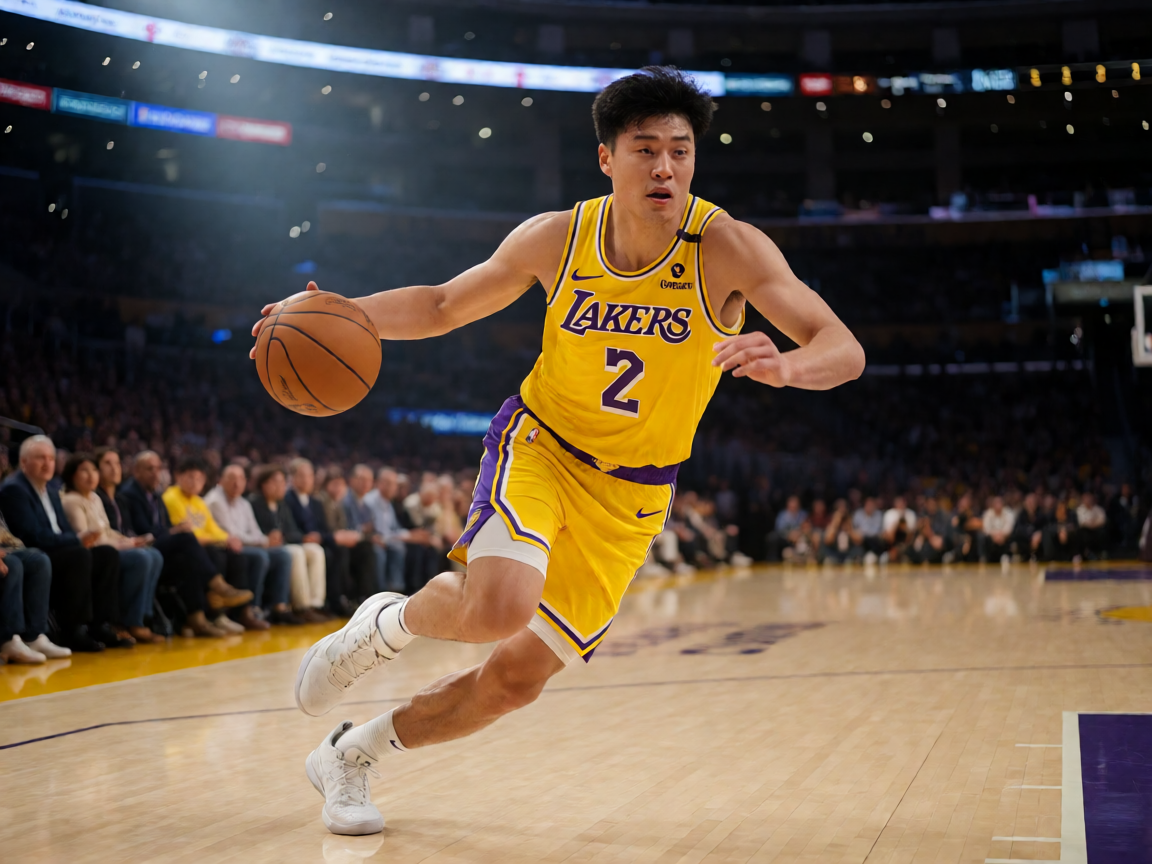 NBA比赛现场，湖人队球员在比赛中突破上篮